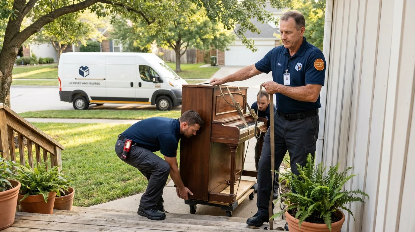 Licensed piano movers securing grand piano in Fosston, MN
