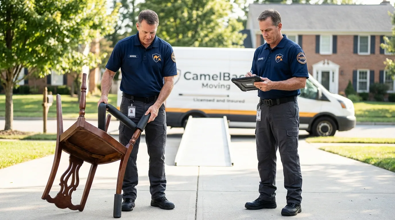 Movers inspecting furniture for damage prevention before loading in Fosston, MN